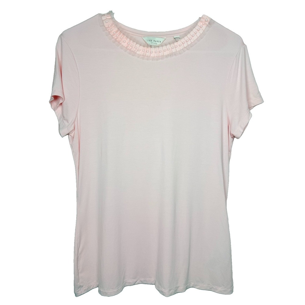 Ted Baker London Jacii Pink Embellished Neck Tee Size 3 Pearl Ribbon Knit Top
